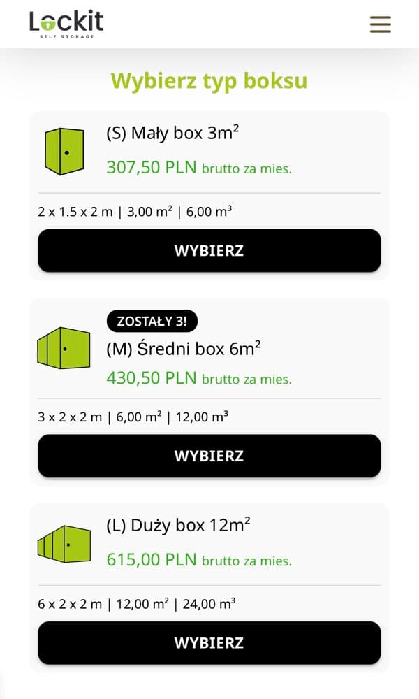 Ekran aplikacji Lockit Self Storage: wybór typu boksu S, M i L